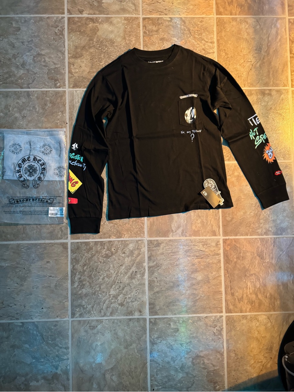 Chrome Hearts Black Long-Sleeve Graphic Tee with Multicolor Sleeve Prints